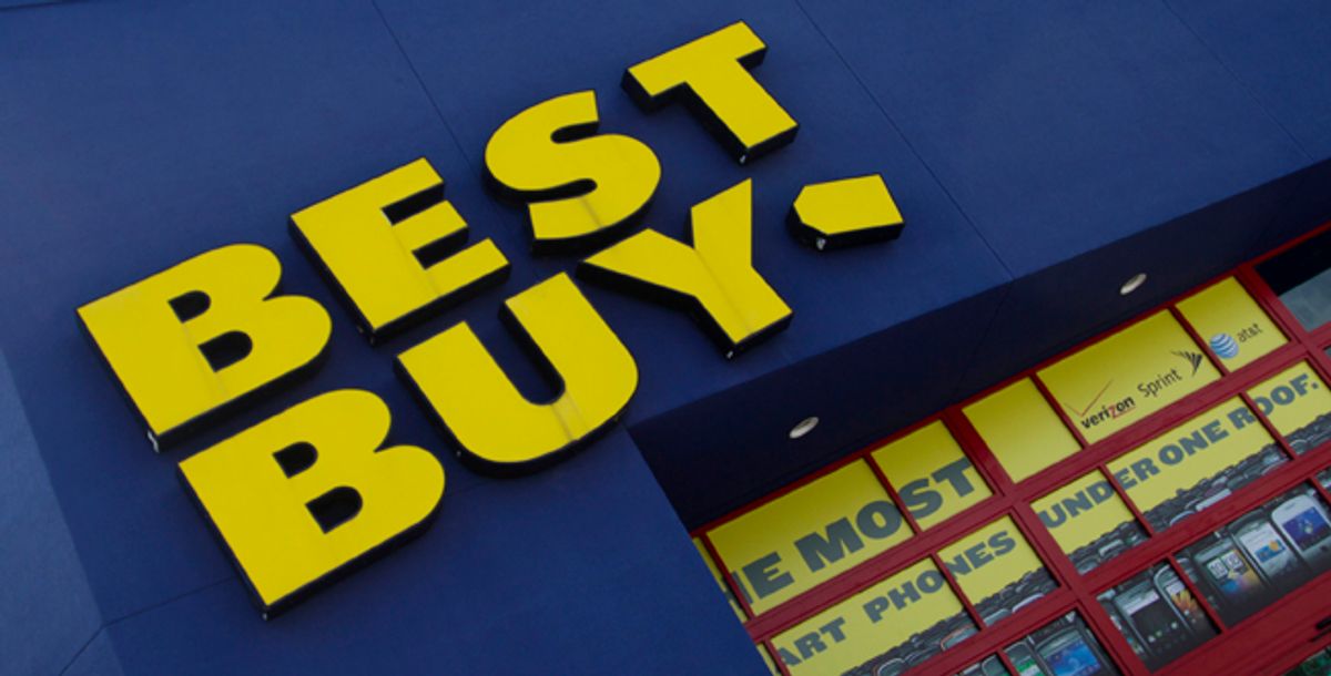 The Best Buy logo is displayed on a store in Miami, Fla. Best Buy says fiscal second-quarter net income rose 60 percent as shoppers bought cell phones, appliances and tablet computers. (AP Photo/J Pat Carter)  (J Pat Carter)