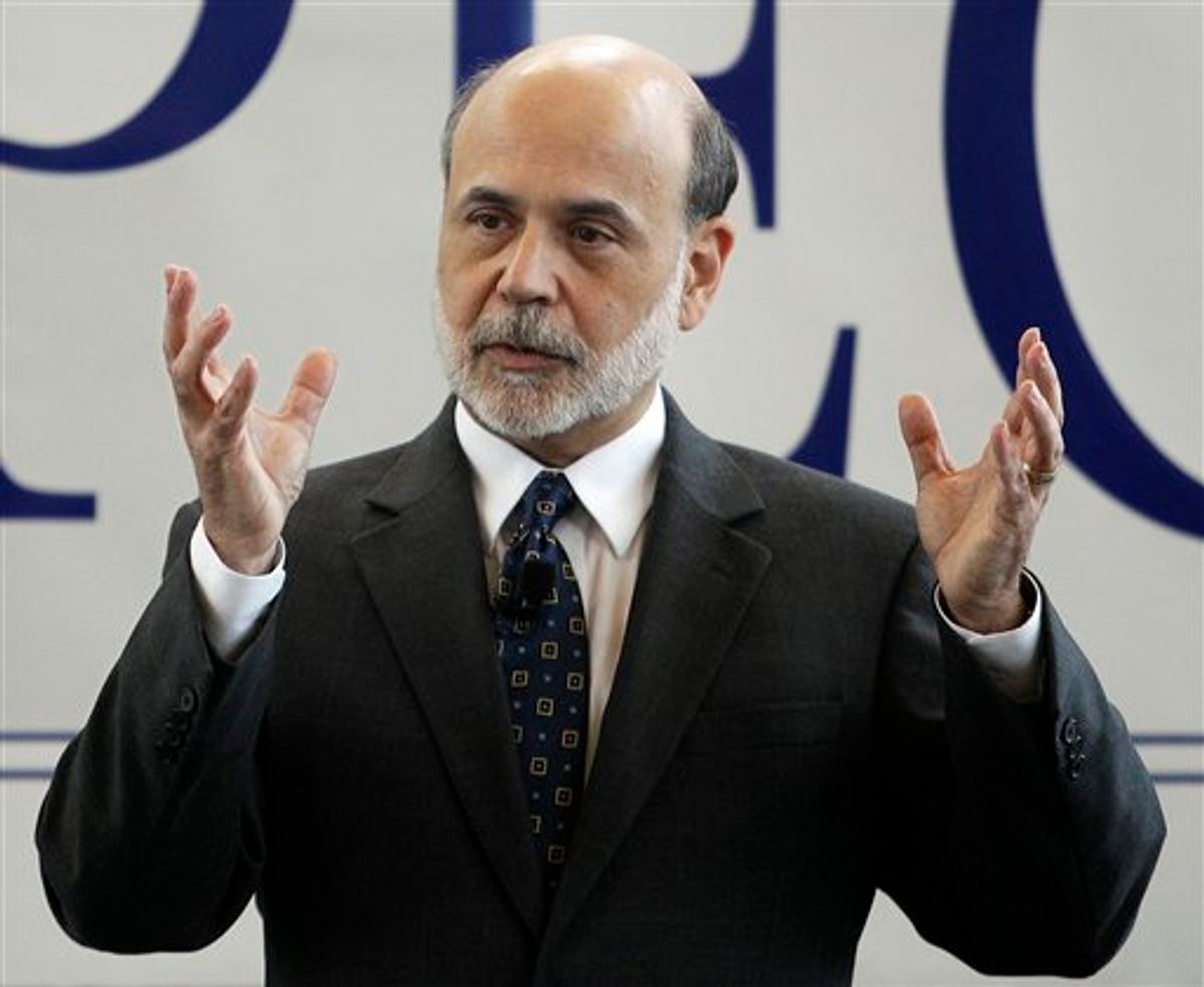 Federal Reserve Chairman Ben Bernanke responds to a question during a question-and-answer hour with invited students from various Rhode Island colleges and universities in Providence, R.I., Monday, Oct. 4, 2010. (AP Photo/Stephan Savoia) (AP)