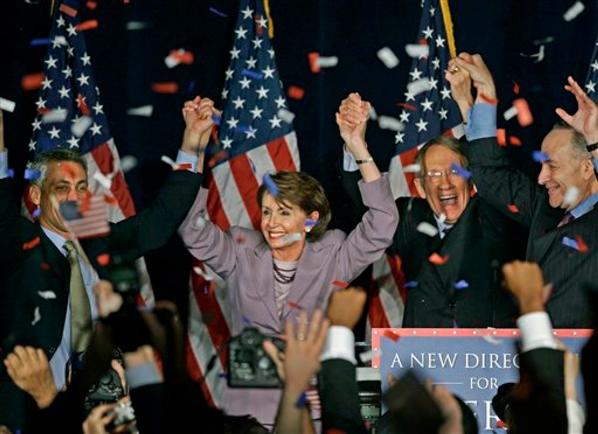 FILE - In this Nov. 7, 2006, file photo, Rep. Nancy Pelosi, D-Calif., center, celebrates with fellow Democrats at an election-night rally in Washington. At left, chairman of the House Democratic Congressional Campaign Committee Rep. Rahm Emanuel, D-Ill., and from right, chairman of the Democratic Senatorial Campaign Committee Sen. Charles Schumer, D-N.Y., and Senate Democratic Leader Sen. Harry Reid, D-Nev. Pelosi promised four years ago that Democrats would lead "the most honest, most open, most ethical Congress in history." As her party defends its record with its majority in jeopardy, it's clear she's fallen short. (AP Photo/J. Scott Applewhite, File)    (AP)