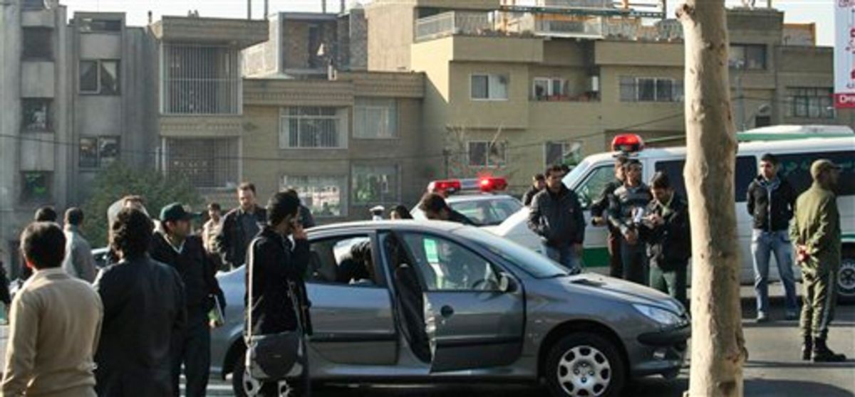 This photo released by Fars News Agency is claimed by them to show one of the damaged cars following bomb attacks on the vehicles of two nuclear scientists in Tehran, Iran, Monday, Nov. 29, 2010. Assailants on motorcycles attached bombs to the two cars of two nuclear scientists as they were driving to work in Tehran on Monday, killing one and seriously wounding the other, state television reported. (AP Photo/Fars News Agency)  (AP)