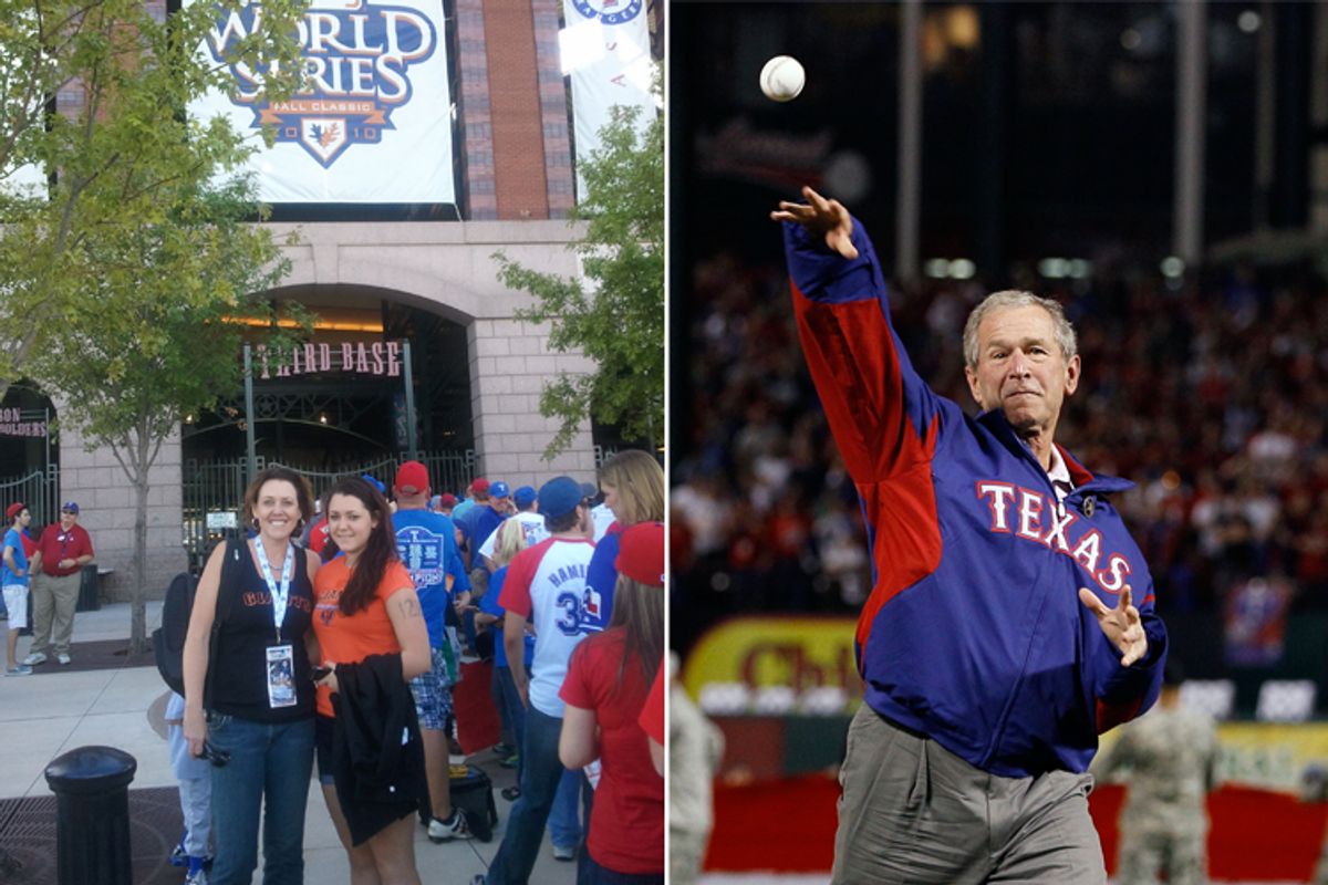 Left: Salon editor Joan Walsh with her daughter, Nora, in Arlington, Texas; right: George W. Bush throws out the first ball in Game 4 of the World Series.