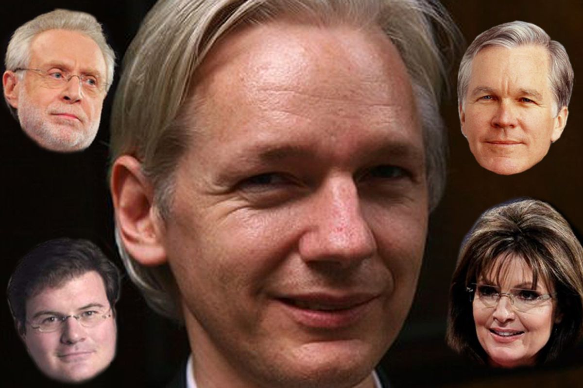 Clockwise from lower left: Jonah Goldberg, Wolf Blitzer, Julian Assange, Bill Keller and Sarah Palin