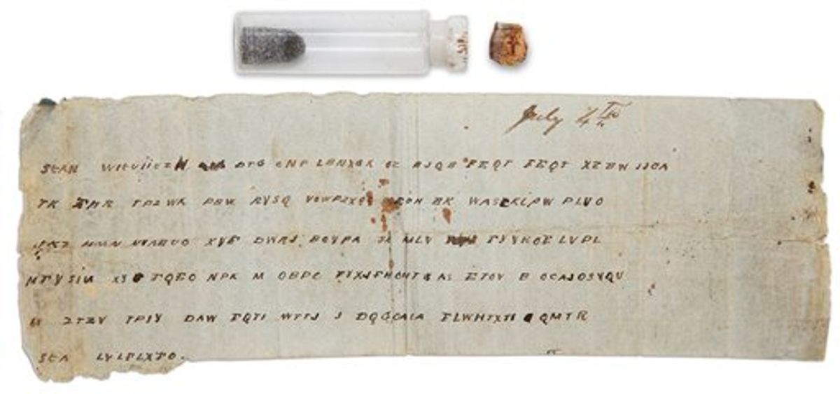 In this Jan. 14, 2009 image shows a Civil War bottle with a message that was tucked inside at the Museum of the Confederacy in Richmond, Va. The message to Lt. Gen. John C. Pemberton says reinforcements will not be arriving. The encrypted dispatch was dated July 4, 1863 _ the date of Pemberton's surrender to Union forces led by Ulysses S. Grant in what historians say was a turning point in the war. (AP Photo/Museum of the Confederacy)  (AP)