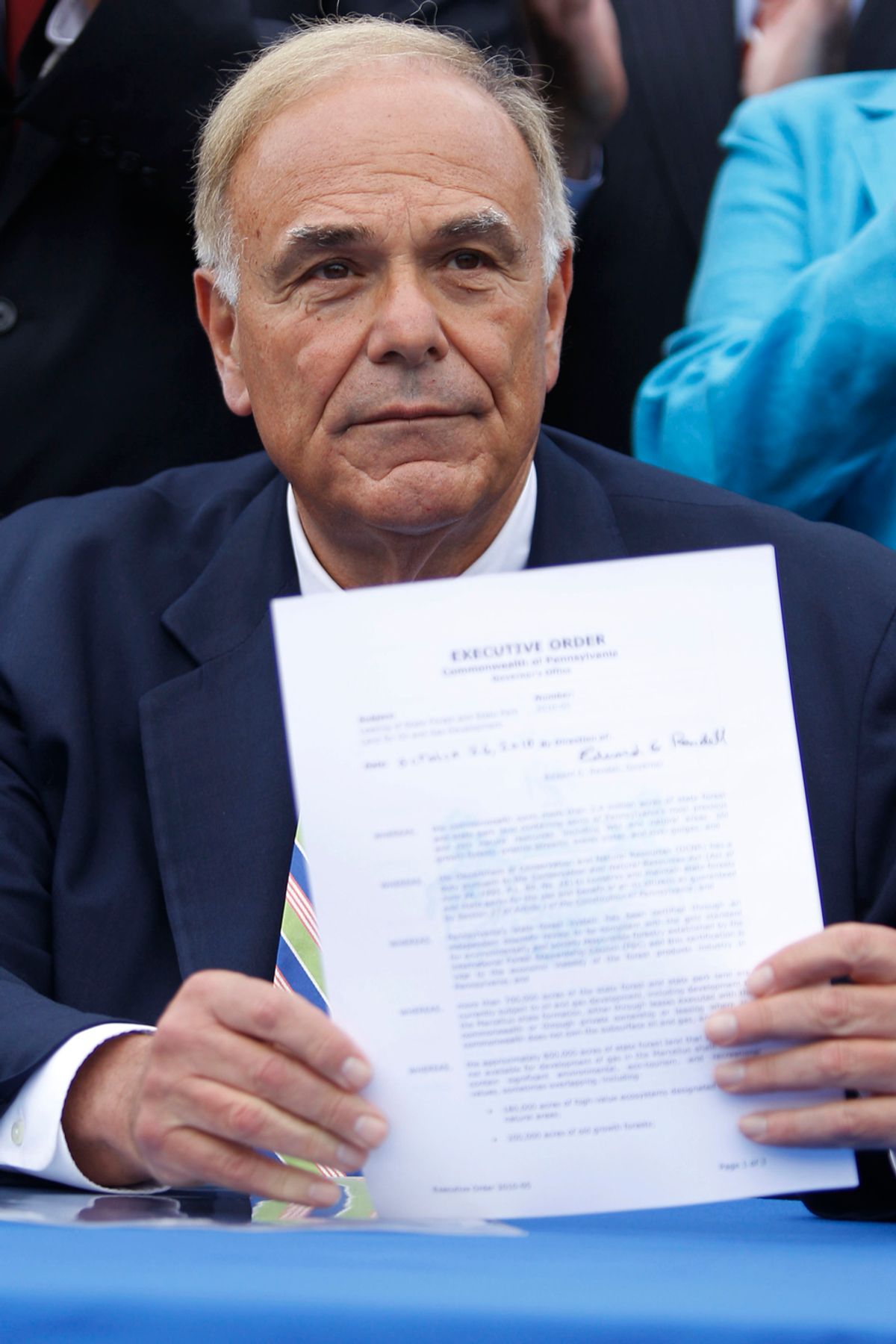 Gov. Ed Rendell displays a signed executive order at Penn Treaty Park in Philadelphia, Tuesday, Oct. 26, 2010. The order is to prevent any further leasing of state forest land for Marcellus Shale drilling. (AP Photo/Matt Rourke)    (Matt Rourke)