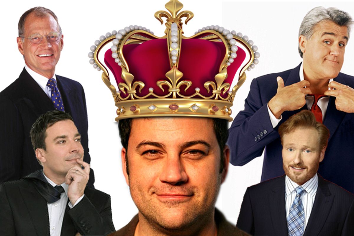 Clockwise from lower left: Jimmy Fallon, David Letterman, Jimmy Kimmel, Jay Leno, Conan O'Brien and Jimmy Kimmel