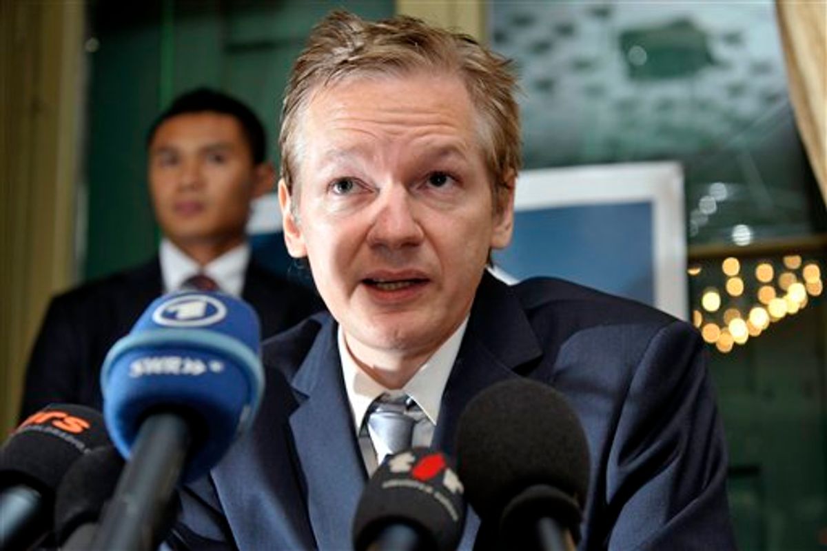 FILE - In this Nov. 4, 2010 file photo, Wikileaks founder Julian Assange speaks during a news conference at the Geneva press club, in Geneva, Switzerland. Assange is a former computer hacker who has embarrassed the U.S. government and foreign leaders with his online release of a huge trove of secret American diplomatic cables.  (AP Photo/Keystone, Martial Trezzini, File)   (AP)
