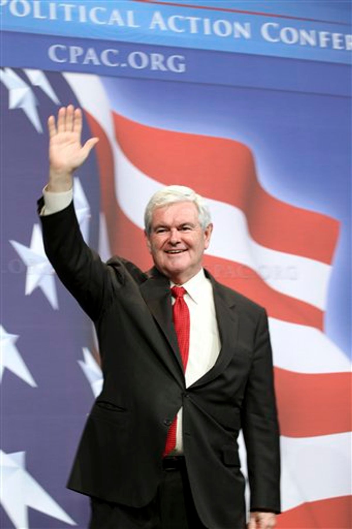 FILE - In this Feb. 20, 2010, file photo, former House Speaker Newt Gingrich waves to his supporters after addressing the Conservative Political Action Conference (CPAC)  in Washington. Gingrich may be running for the Republican presidential nomination. Or maybe he is just running all the way to the bank.  (AP Photo/Jose Luis Magana, File)  (AP)