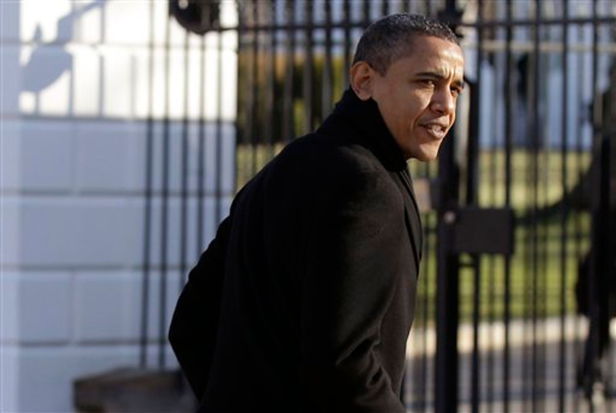 President Barack Obama walks across Pennsylvania Ave., and back to the White House following his working meeting with business leaders at the Blair House in Washington, Wednesday, Dec., 15, 2010.(AP Photo) (AP)