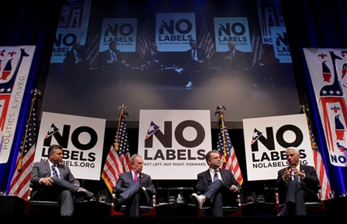 Florida Gov. Charlie Crist, right, speaks on a panel at the No Labels conference in New York, Monday, Dec. 13, 2010. Also on the panel is California Lt. Gov. Abel Maldonado, left, New York City Mayor Michael Bloomberg, second from left, and moderator Dylan Ratigan. Elected officials from across the country have started a new group, called No Labels, aimed at reducing political partisanship. The first meeting of the group attracted 1,000 attendees Monday in New York. (AP Photo/Seth Wenig) (AP)