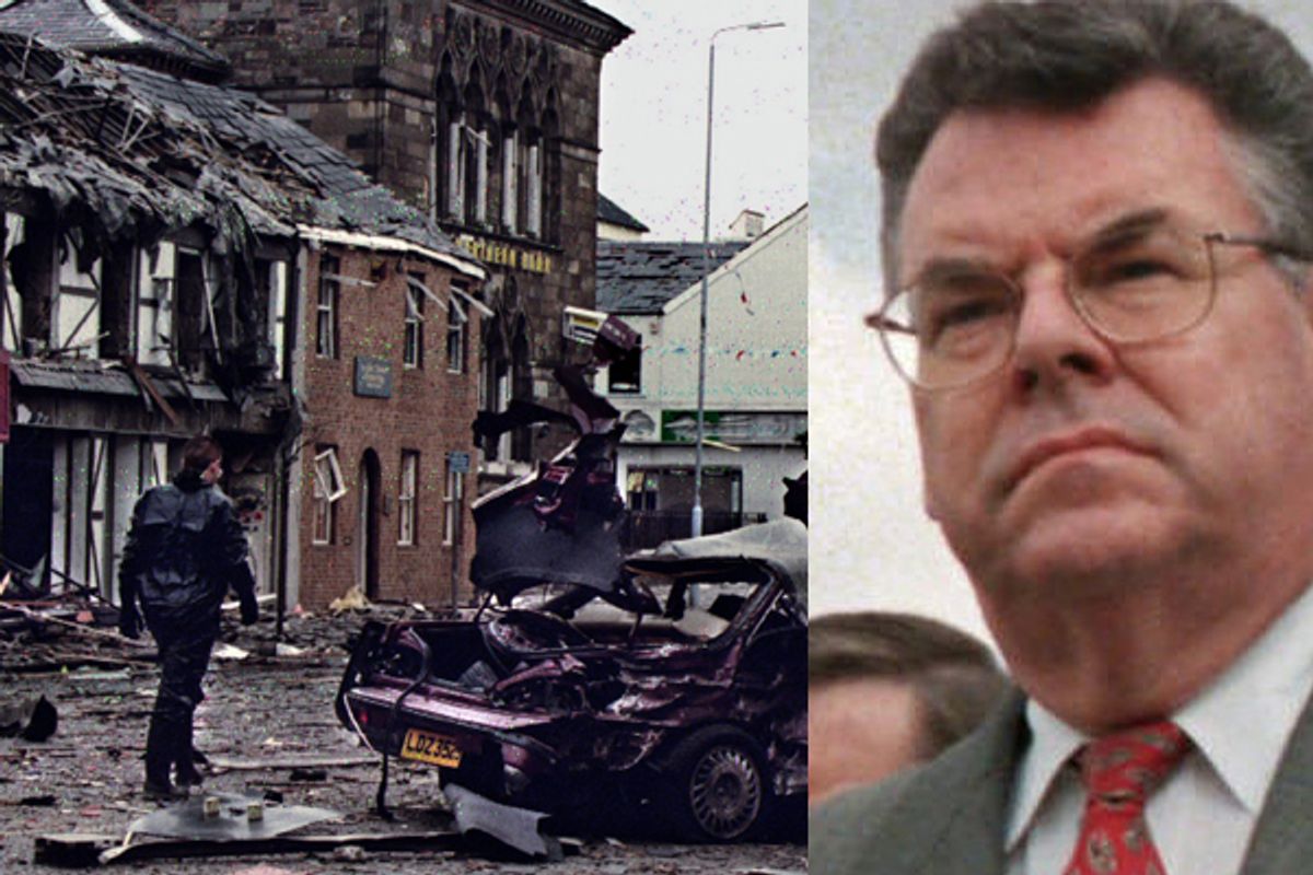 A police investigator walks past the wreckage of a 1993 IRA bombing that injured 14 civilians and five policemen. Right: Rep. Peter King on Capitol Hill Sept. 14, 1999.