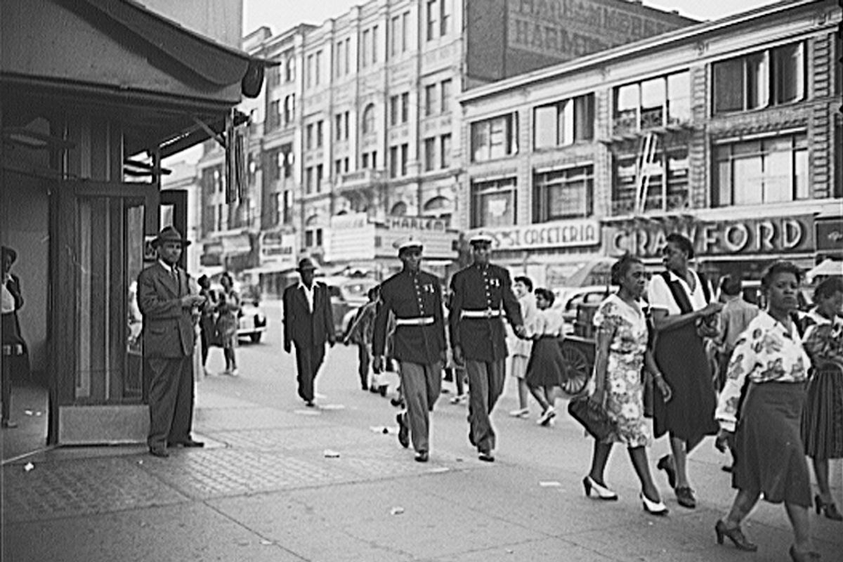 A street scene in 1943 Harlem.  