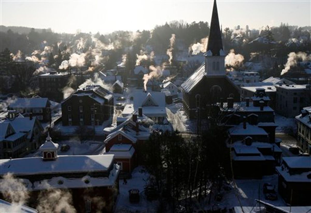 Steam rises from chimneys on Monday, Jan. 24, 2011 in Montpelier, Vt. Bone-chilling cold has prompted schools around the Northeast to delay openings and some canceled classes altogether on Monday. (AP Photo/Toby Talbot)  (AP)