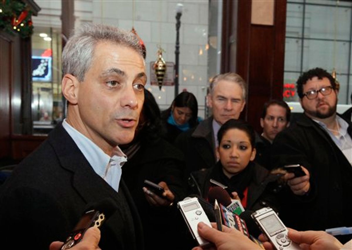 FILE - In this Dec. 23, 2010 file photo, Chicago mayoral candidate Rahm Emanuel speaks at a press conference in Chicago. Emanuel's rival in the race, Danny Davis issued a news release Tuesday, Dec. 28, 2010, asking former President Bill Clinton to stay out of the Chicago mayor's race after hearing Clinton would be coming to campaig for Emanuel. Davis warned Clinton that he could jeopardize his "long and fruitful relationship" with African Americans by choosing Emanuel. (AP Photo/M. Spencer Green, File) (AP)