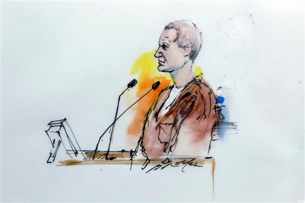 In this artist rendering, Jared Lee Loughner makes his first court appearance at the Sandra Day O'Connor United States Courthouse in Phoenix, Ariz., Monday, Jan. 10, 2011.  Loughner appeared in federal court on charges he tried to assassinate Rep. Gabrielle Giffords in a shooting rampage that left six people dead. (AP Photo/Bill Robles) (AP)