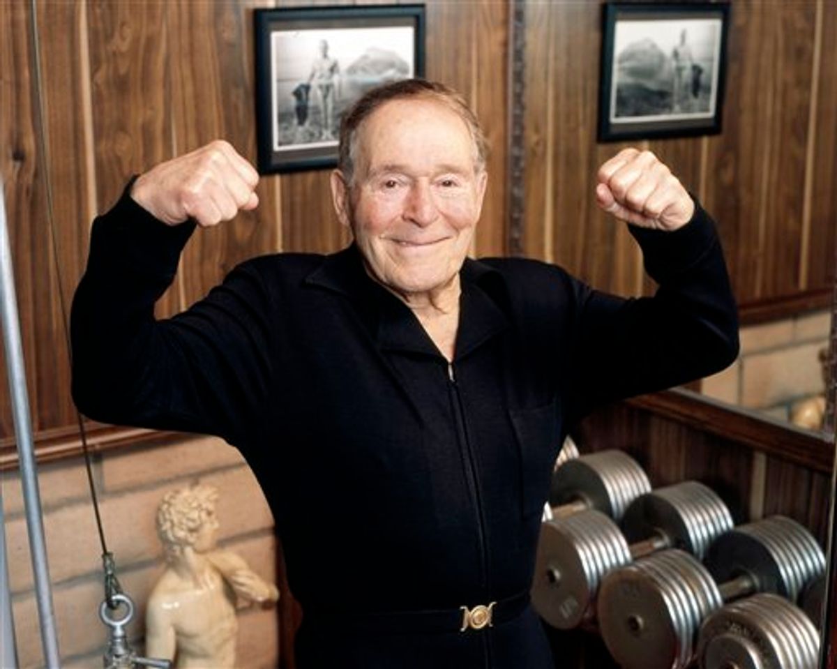 FILE - This undated file image provided by Ariel Hankin shows fitness pioneer Jack LaLanne. LaLanne, the fitness guru who inspired television viewers to trim down and pump iron for decades before exercise became a national obsession, died Sunday, Jan. 23, 2011. He was 96. (AP Photo/Ariel Hankin, File) NO SALES (AP)