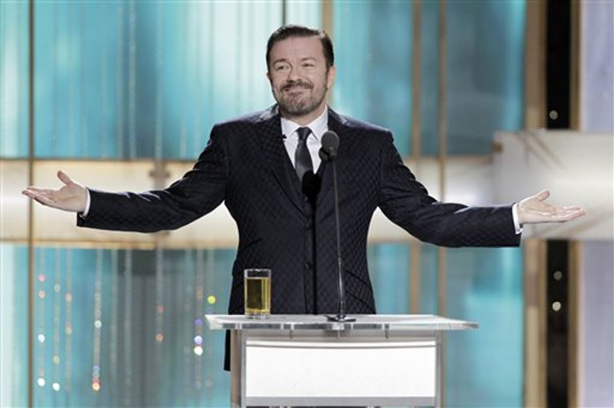 In this publicity image released by NBC, host Ricky Gervais is shown during the 68th Annual Golden Globe Awards, Sunday, Jan. 16, 2011 in Beverly Hills, Calif. (AP Photo/NBC, Paul Drinkwater) (AP)