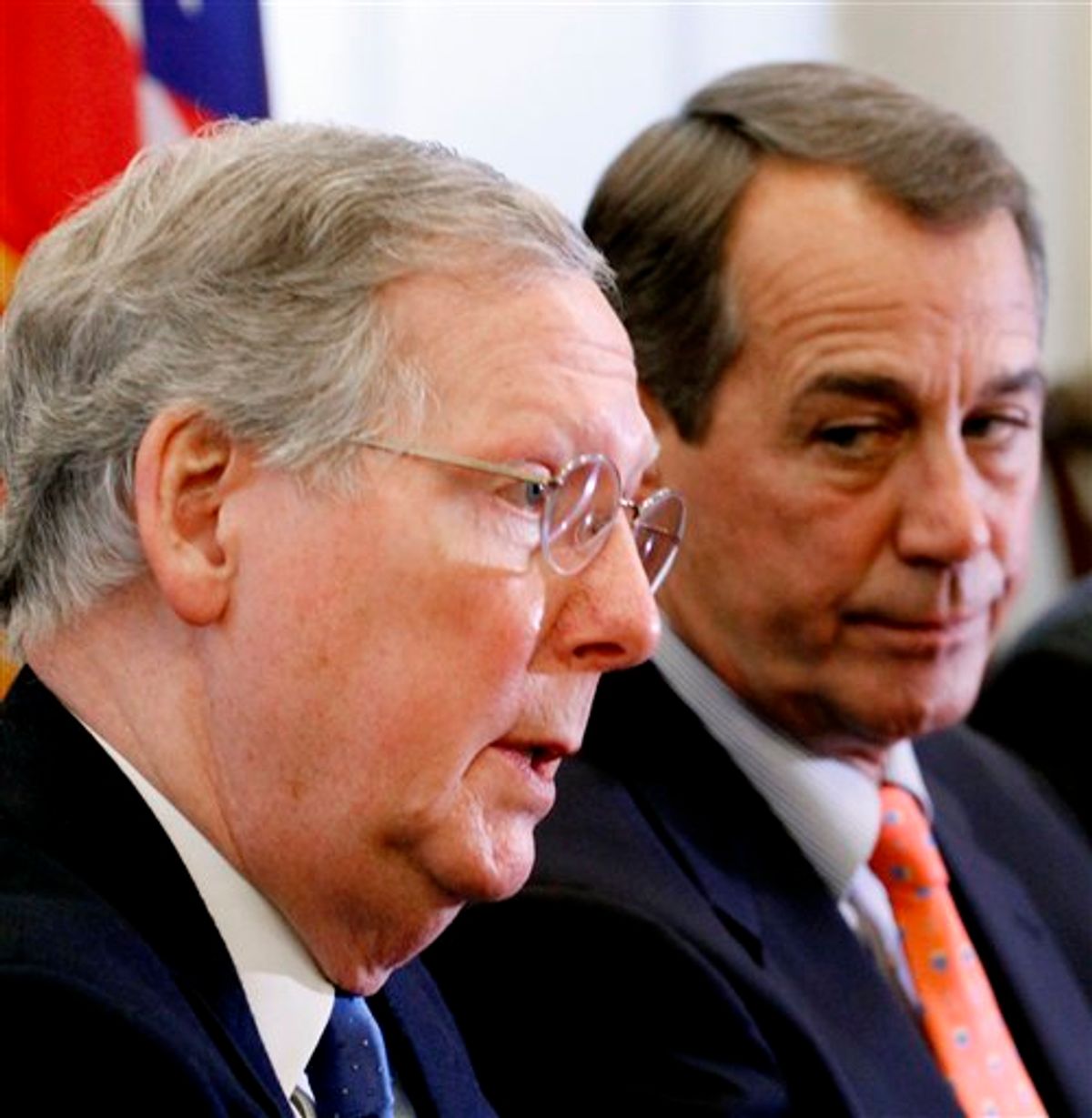 Senate Minority Leader Mitch McConnell of Ky., accompanied by House Minority Leader John Boehner of Ohio speaks during a news conference on Capitol Hill in Washington,  Tuesday, Nov. 30, 2010, after their meeting with President Barack Obama. (AP Photo/Harry Hamburg)  (AP)