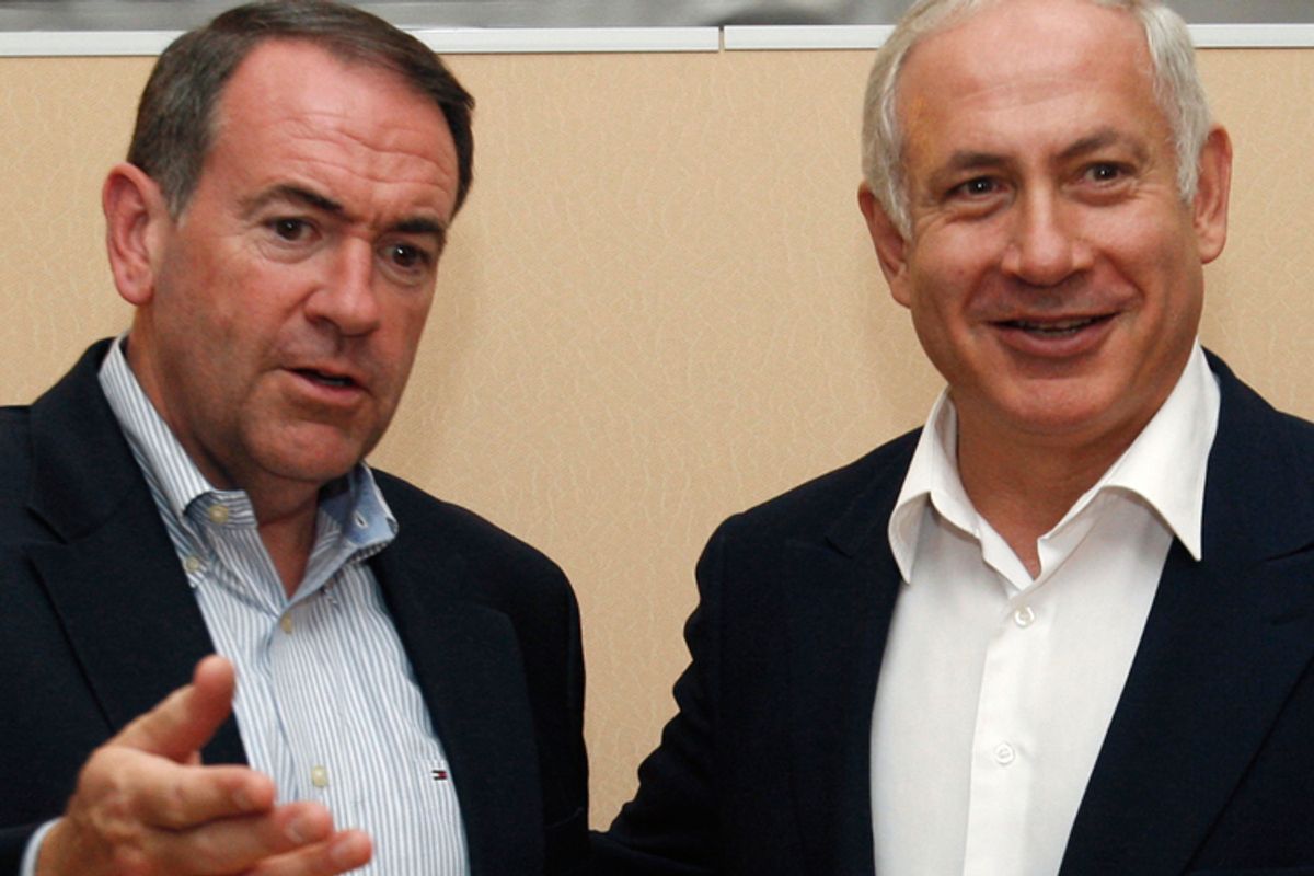 Mike Huckabee and Benjamin Netanyahu in Tel Aviv in 2008. 
