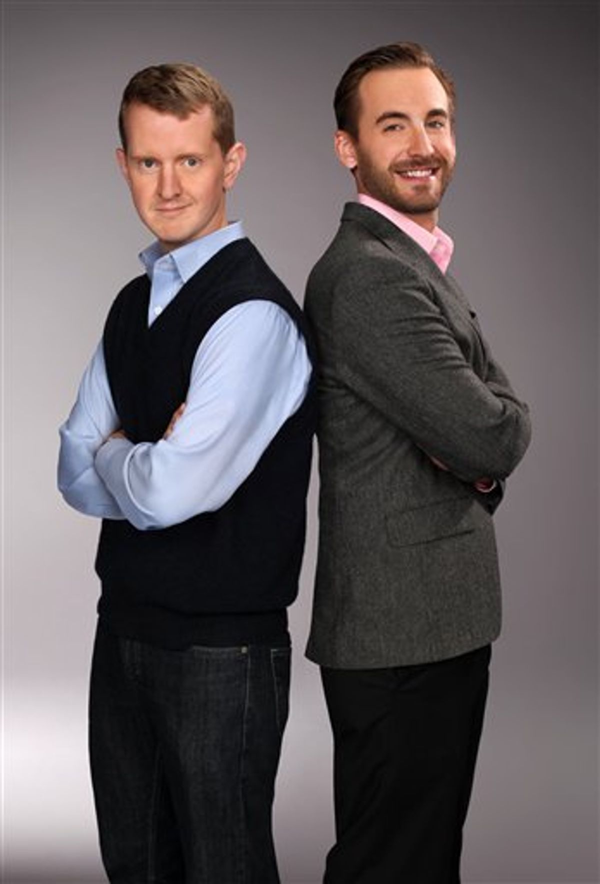 In this undated publicity image released by Jeopardy!, Ken Jennings, left, and Brad Rutter, two of the most successful contestants on the game show "Jeopardy!," are shown. Jennings and Rutter two of the venerable game show's most successful champions, will play two games against "Watson," a computer program developed by IBM's artificial intelligence team. The matches will be spread over three days that will air Feb. 14-16, the game show said on Tuesday, Dec. 14, 2010. (AP Photo/Jeopardy!, Charles William Bush) (AP)