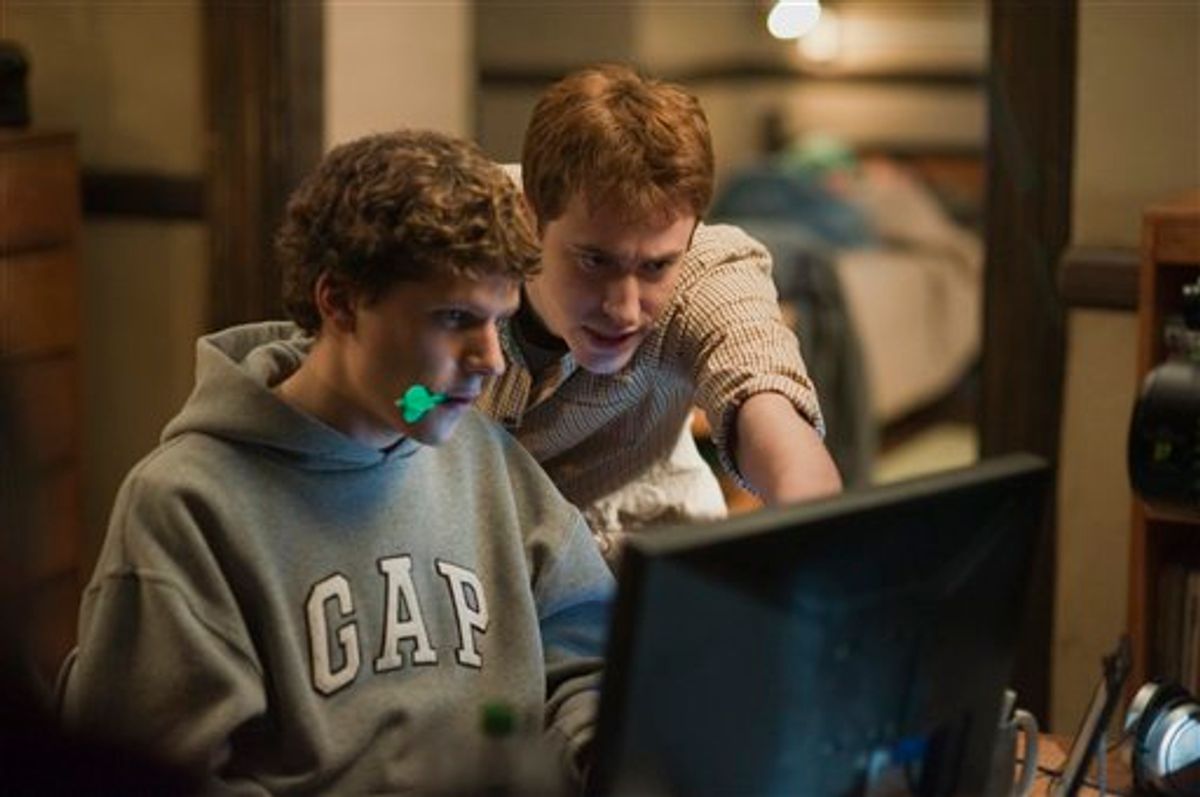 FILE - In this file publicity image released by Columbia Pictures, Jesse Eisenberg, left, and Joseph Mazzello are shown in a scene from "The Social Network." The film was nominated for an Academy Award for best film, Tuesday, Jan. 25, 2011. The Oscars will be presented Feb. 27 at the Kodak Theatre in Hollywood.  (AP Photo/Columbia Pictures, Merrick Morton, File) (AP)