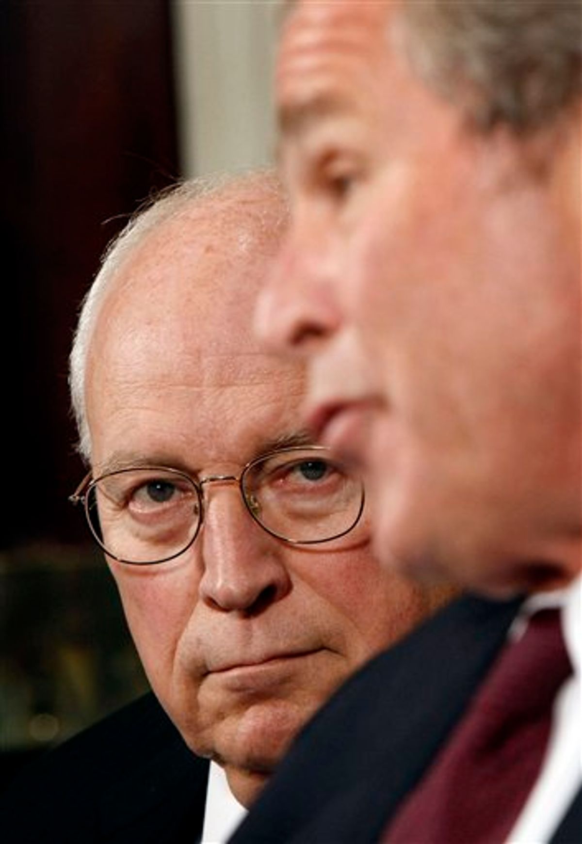 FILE - In this Sept. 15, 2008 file photo, Vice President Dick Cheney, left, looks over to President George W. Bush, after the president  received an update on Hurricane Ike and relief efforts on energy matters from members of the Cabinet, in the Roosevelt Room of the White House in Washington. George W. Bush knows that history will shape his legacy more than anything he can say. But that's not gonna stop a guy from trying. After two years of near silence, Bush is back. With his new memoir and a promotion tour, the president who in cockier times could not think of a single mistake he had made, lists many.  (AP Photo/Pablo Martinez Monsivais, File)    (AP)