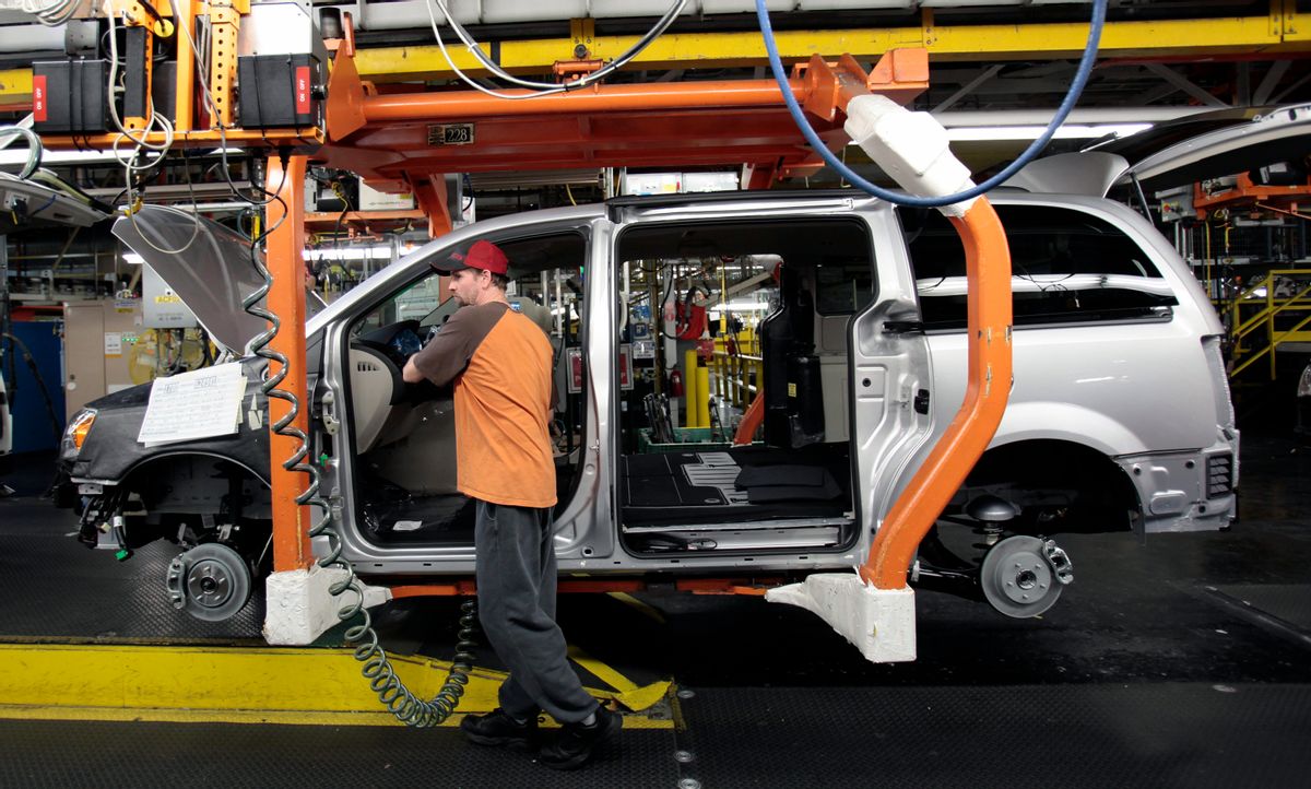 A Chrysler auto worker is seen working on a partially assembled Chrysler minivan on the assembly line during the production launch of the new 2011 Dodge Grand Caravan's and Chrysler Town & Country minivans at the Windsor Assembly Plant in Windsor, Ontario January 18, 2011. Chrysler Group Chief Executive Sergio Marchionne vowed to keep the automaker on top of the minivan segment in the North American market and said the company will develop a new type of minivan by 2014. REUTERS/Rebecca Cook  (CANADA - Tags: TRANSPORT EMPLOYMENT BUSINESS)  (Reuters)