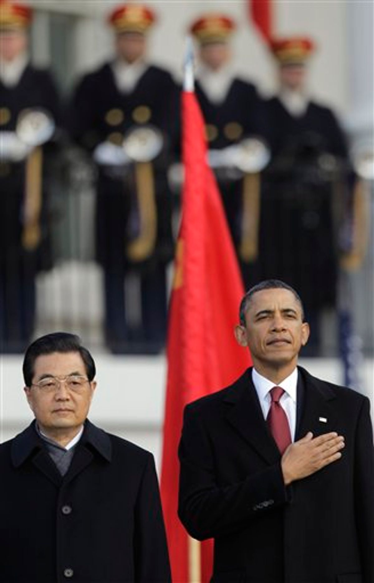 President Barack Obama welcomes China's President Hu Jintao during a state arrival on the South Lawn of the White House in Washington, Wednesday, Jan. 19, 2011. (AP Photo/Charles Dharapak)  (AP)