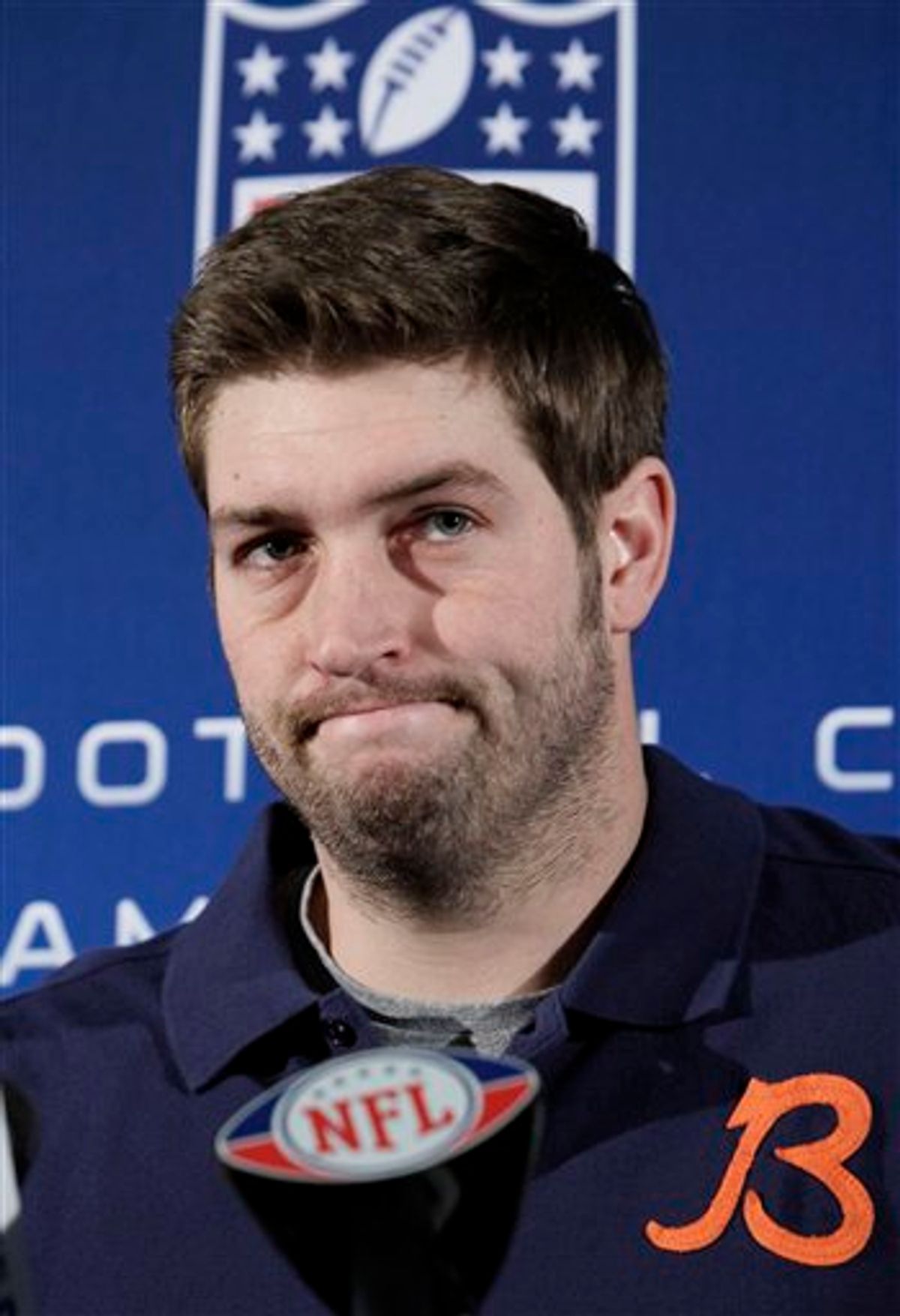 Chicago Bears quarterback Jay Cutler listens to question during an NFL football news conference at Halas Hall, Wednesday, Jan. 19, 2011, in Lake Forest, Ill. The Bears are scheduled to host the Green Bay Packers in the NFC Championship game on Sunday, Jan. 23. (AP Photo/Nam Y. Huh) (AP)
