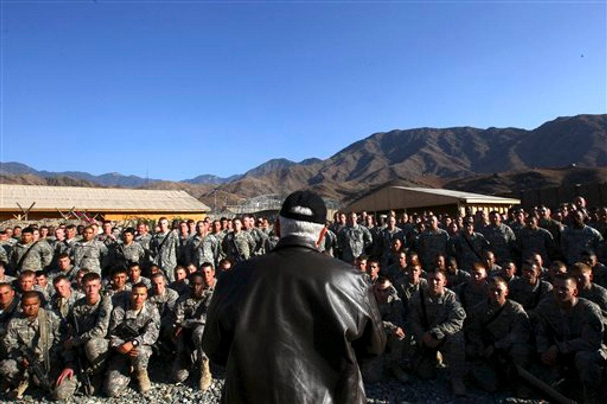 Defense Secretary Robert Gates addresses troops at Forward Operating Base Joyce in Kunar Province, Afghanistan, Tuesday, Dec. 7, 2010.  (AP Photo/Win McNamee, Pool) (AP)