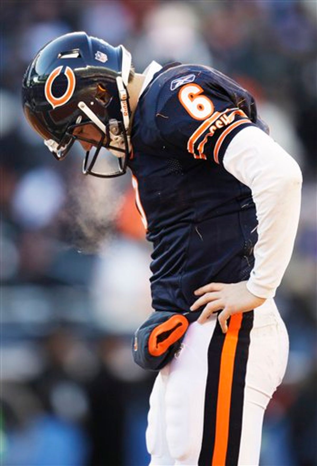 Chicago Bears quarterback Jay Cutler looks down after being hit while throwing a pass during the first half of the NFC Championship NFL football game against the Green Bay Packers Sunday, Jan. 23, 2011, in Chicago. (AP Photo/Nam Y. Huh) (AP)