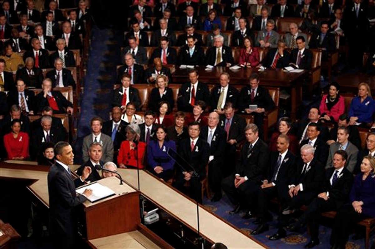 President Barack Obama delivers the State of the Union address on Capitol Hill in Washington, Tuesday, Jan. 25, 2011.  (AP Photo/Evan Vucci) (AP)
