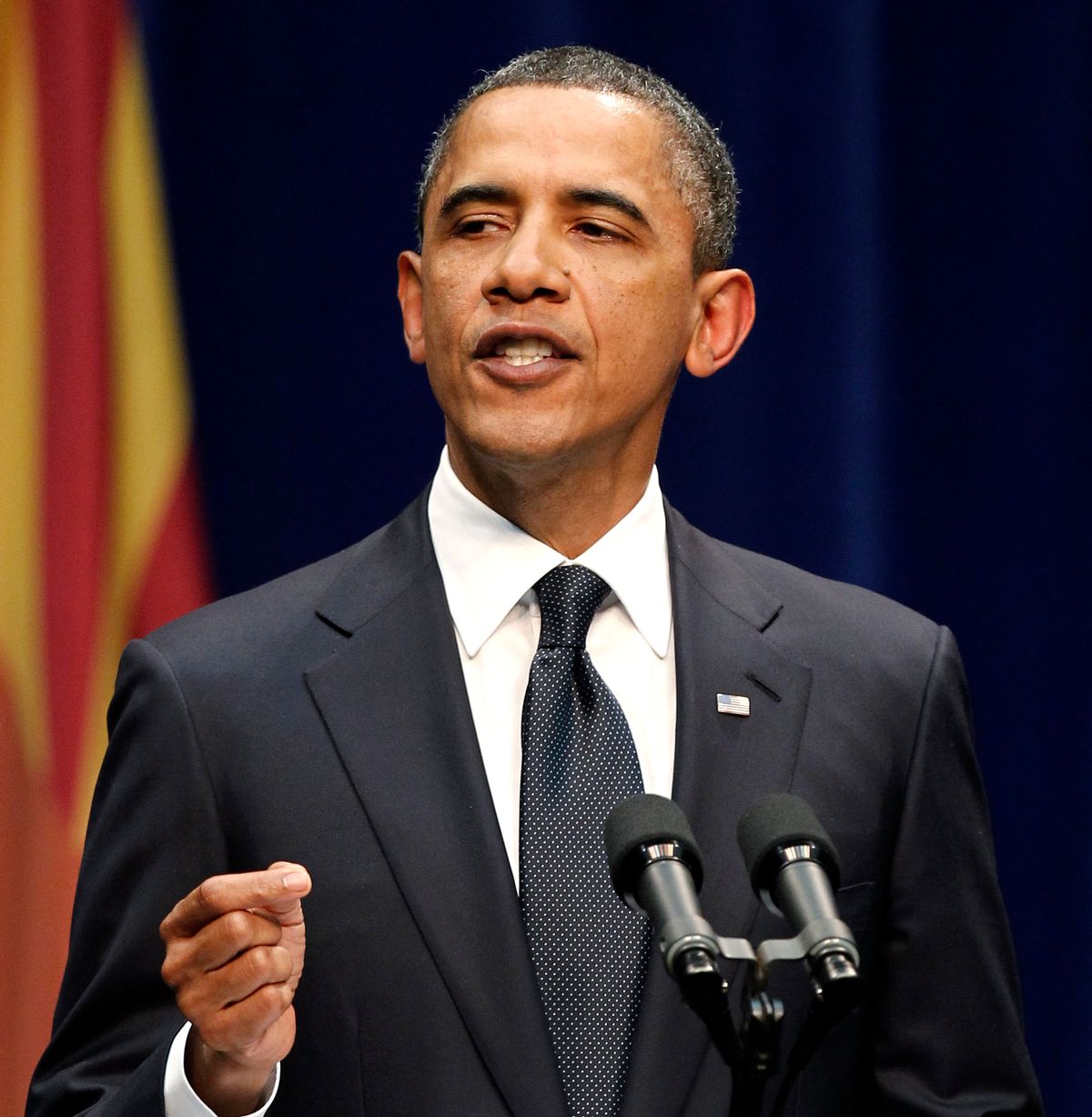 President Barack Obama speaks at a memorial service for the victims of Saturday's shootings at McKale Center on the University of Arizona campus Wednesday, Jan. 12, 2011, in Tucson, Ariz. (AP Photo/Chris Carlson) (Associated Press)