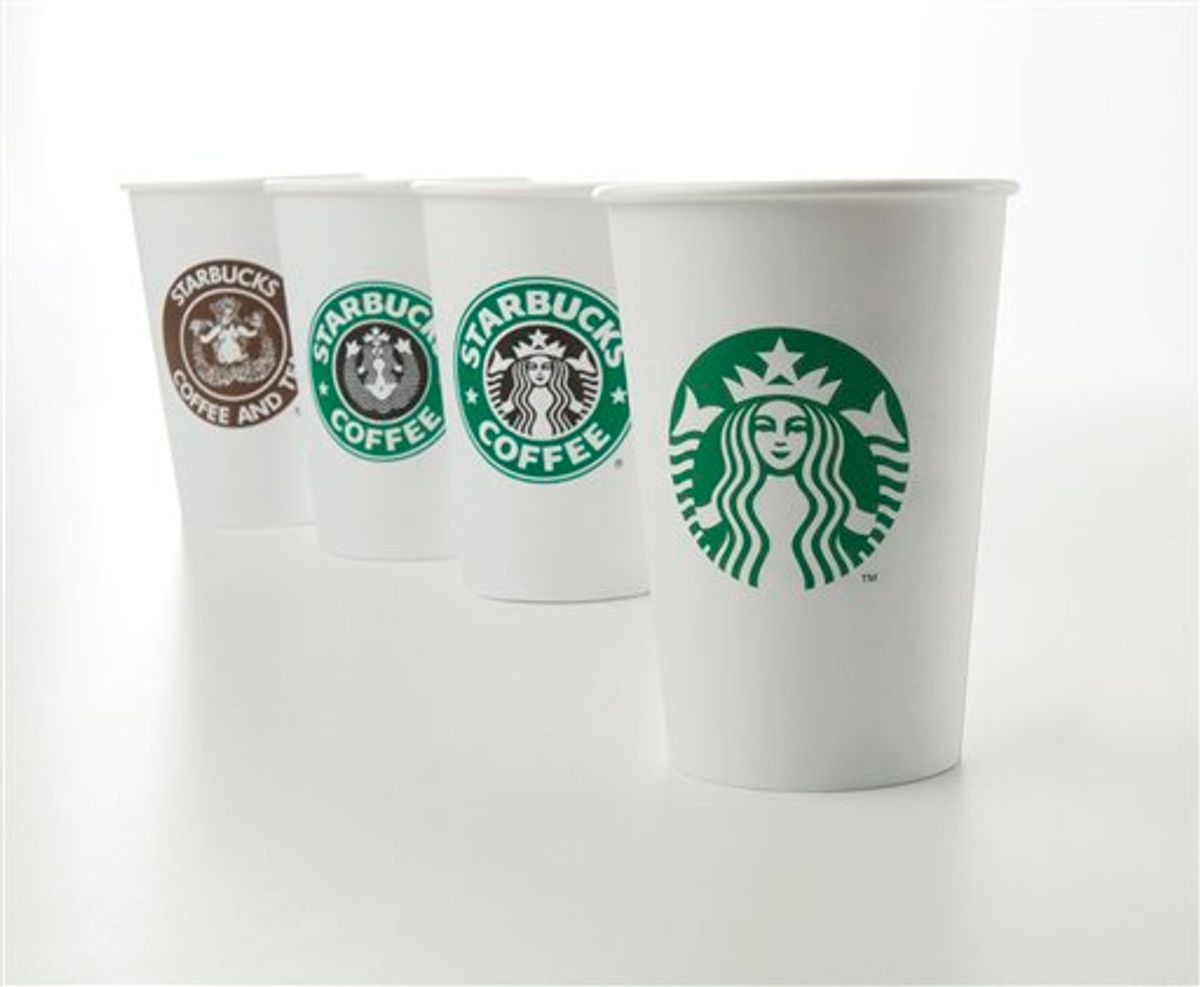 In this undated product image provided by Starbucks, the company's new 40-year anniversary logo is seen on a cup at right.  Other cups bearing the company's logo from over the years, from left, 1971, 1987, and 1992, are also shown. (AP Photo/Starbucks) NO SALES (AP)