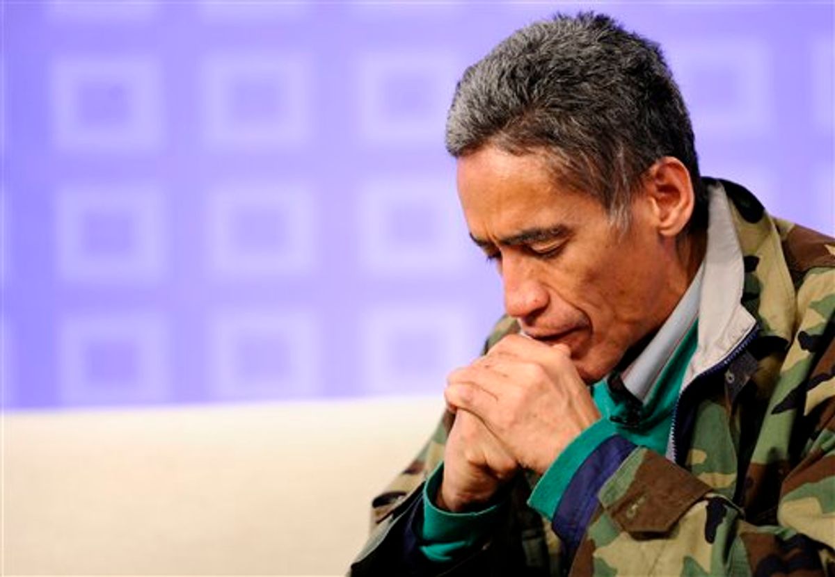 In this photo provided by NBC Universal, homeless man Ted Williams prays during NBC's "Today" show, in New York, on Thursday, Jan. 6, 2011. Williams, who was living in a tent near a highway in Columbus, Ohio, just days ago, was in New York for an emotional reunion with his 90-year-old mother, media appearances, and to do some commercial voiceover work. On the "Today" show, he described his previous 48 hours as "outrageous." (AP Photo/NBC, Peter Kramer) NO SALES (AP)