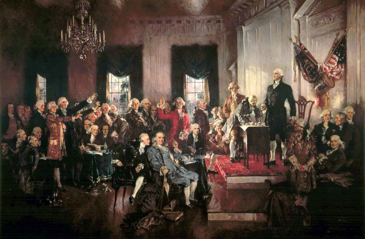 George Washington is the figure standing on the dais. The central figures of the portrait are Alexander Hamilton, Benjamin Franklin and James Madison. Painting by Howard Chandler Christy (1873-1952).  