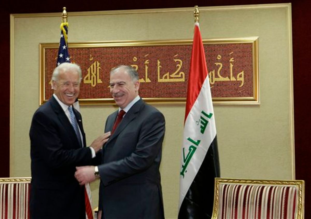 U.S. Vice President Joe Biden, left, shares a light moment with Iraq's Parliament Speaker Osama al-Nujaifi, right, in Baghdad, Iraq, Thursday, Jan. 13, 2011. Vice President Joe Biden arrived in Iraq early Thursday for talks with the new government's leaders about the future of American troops in the country as they prepare to leave at year's end. (AP Photo/Maya Alleruzzo) (AP)