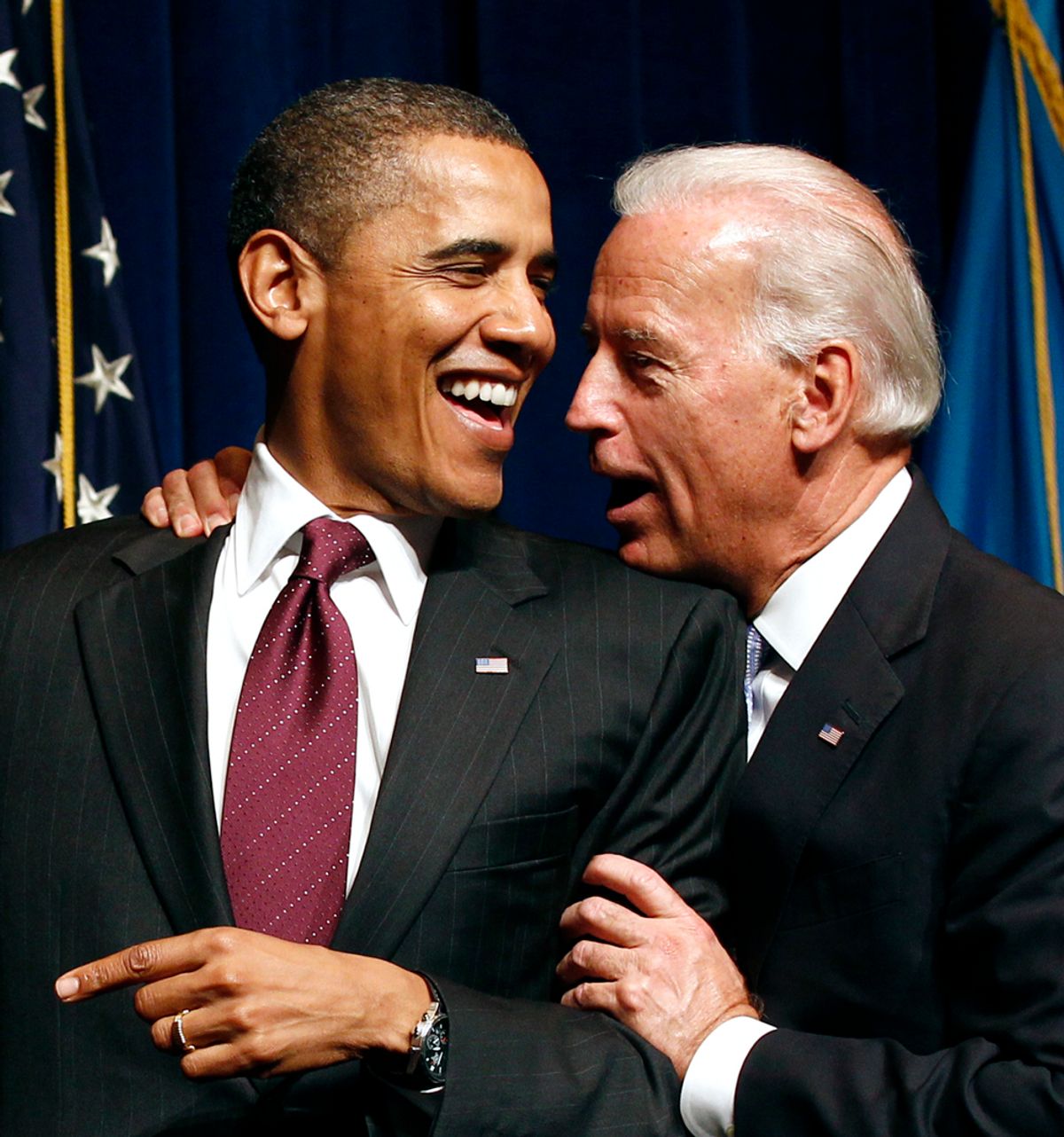 U.S. President Barack Obama laughs with Vice President Joe Biden at an event for candidate Chris Coons, the Democrat running for a Senate seat against Christine O'Donnell in Wilmington, Delaware October 15, 2010. REUTERS/Kevin Lamarque (UNITED STATES - Tags: POLITICS ELECTIONS)  (Â© Kevin Lamarque / Reuters)