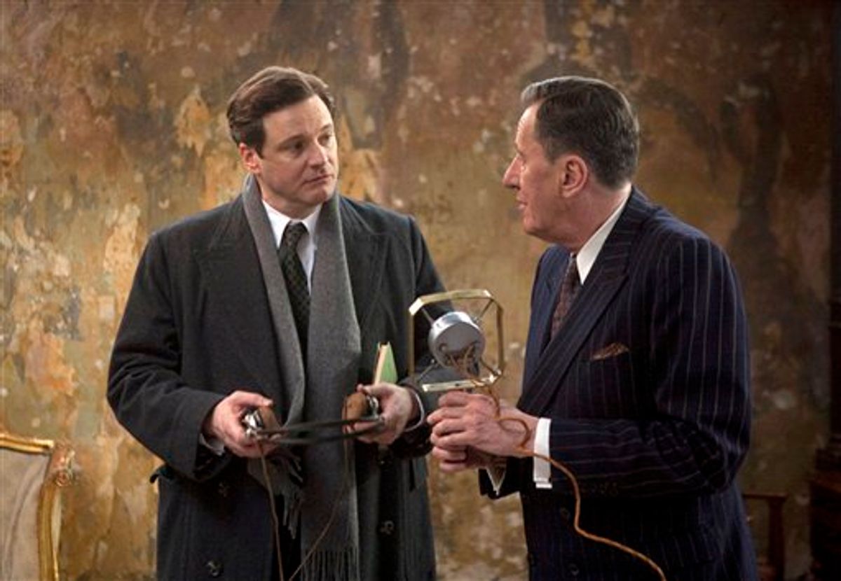In this film publicity image released by The Weinstein Company, Collin Firth, left, and Geoffrey Rush are shown in a scene from, "The King's Speech." The film was nominated for 12 Academy Awards, Tuesday, Jan. 25, 2011, including best picture, best director, best supporting actress, Firth for best actor and Rush for best supporting actor. The Oscars will be presented Feb. 27 at the Kodak Theatre in Hollywood. (AP Photo/The Weinstein Company, Laurie Sparham) (AP)