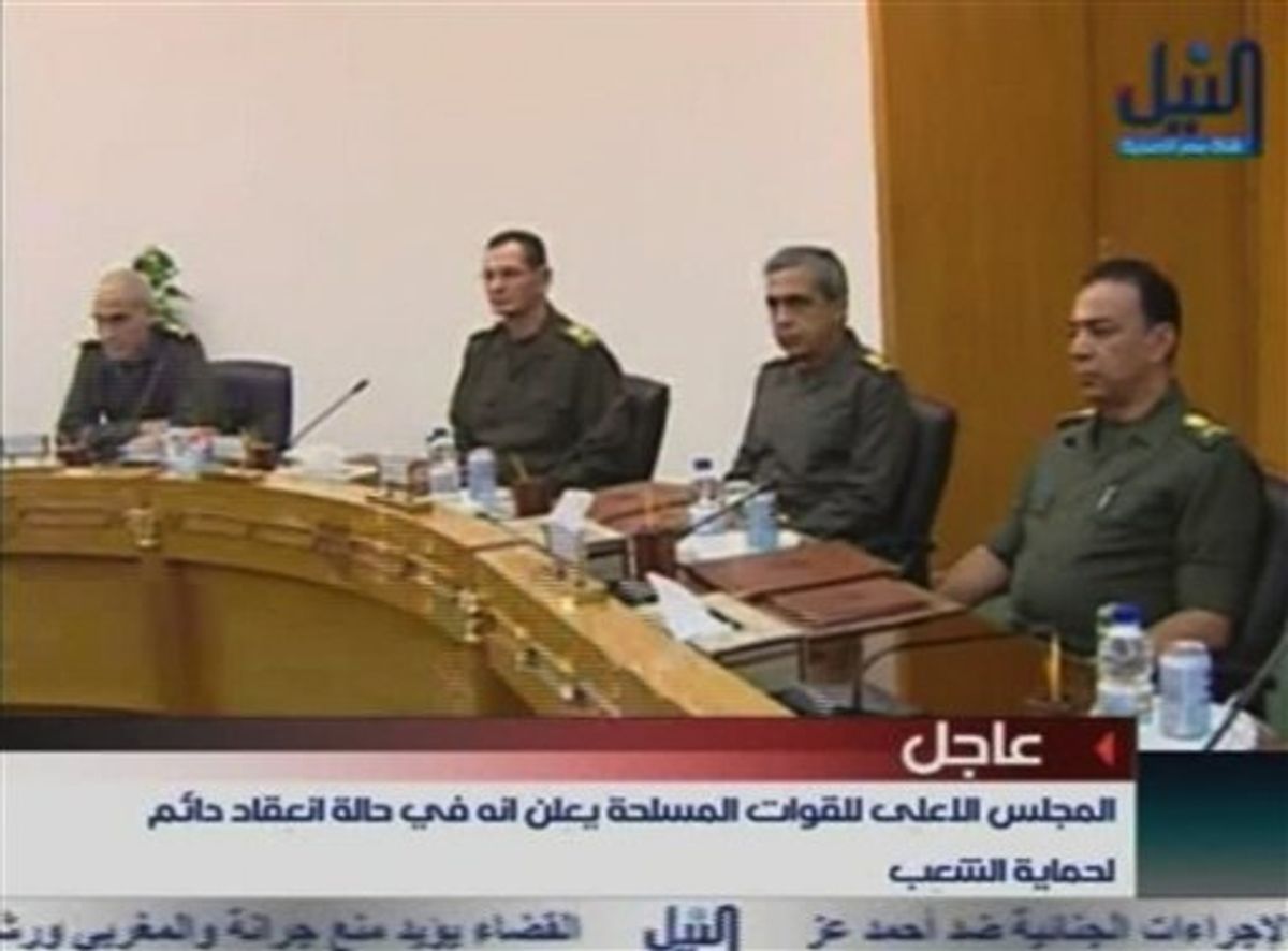 Members of Egypt's military supreme council attend a meeting  in this image taken from TV Thursday Feb. 10, 2011. President Hosni Mubarak will meet the demands of protesters, military and ruling party officials said Thursday in the strongest indication yet that Egypt's longtime president may be about to give up power and that the armed forces were seizing control. The military's supreme council was meeting Thursday, without the commander in chief Mubarak, and announced on state TV its "support of the legitimate demands of the people." (AP Photo/Nile TV via APTN)  EGYPT OUT TV OUT  (AP)