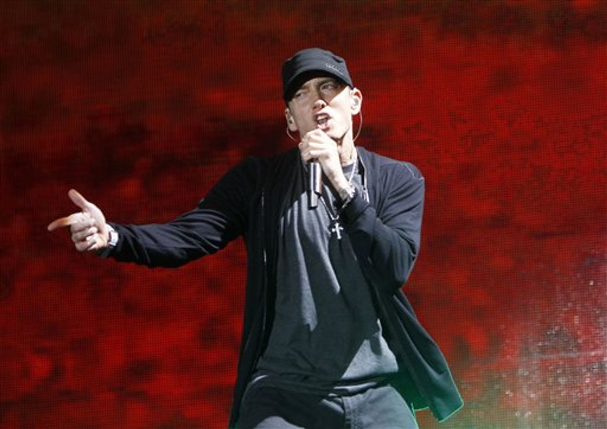 FILE - In this Sept. 13, 2010 file photo, rapper Eminem performs at Yankee Stadium in New York. (AP Photo/Jason DeCrow, file)     (AP)