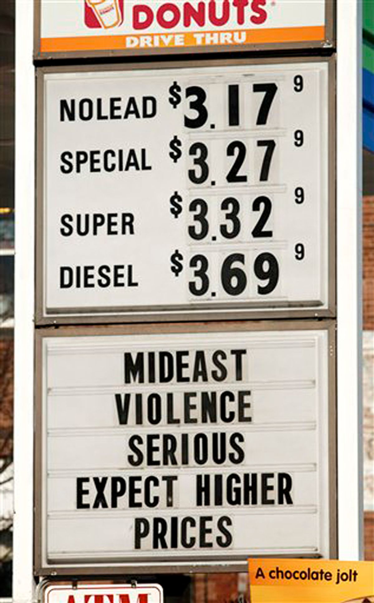 A sign advertises gas and diesel prices, plus gives an explanation to customers, at a service station in Easthampton, Mass, Wednesday, Feb. 23, 2011. Oil prices rose past $99 a barrel on Wednesday as forces loyal to Libya's Moammar Gadhafi clashed with protesters expanding their control over parts of the country. (AP Photo/ Shana Sureck)  (Shana Sureck)