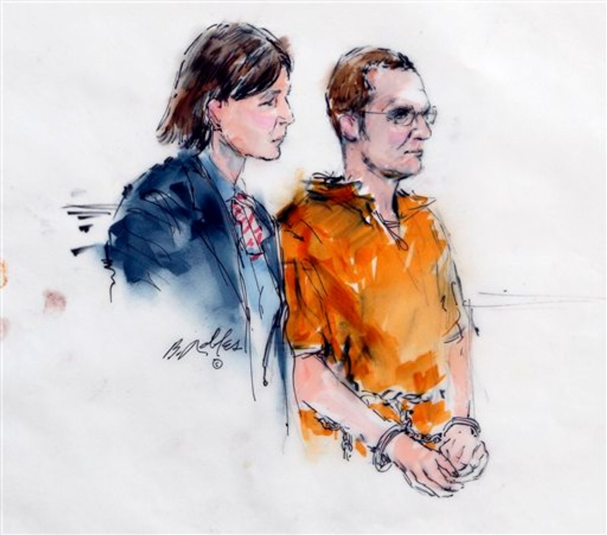 In this artist rendering, Jared Lee Loughner, right, makes a court appearance with his lawyer, Judy Clarke, at the Sandra Day O'Connor United States Courthouse in Phoenix, Ariz., Monday, Jan. 24, 2011. Loughner pled not guilty to charges he tried to kill U.S. Rep. Gabrielle Giffords, D-Ariz, in a shooting rampage that left six people dead. (AP Photo/Bill Robles)   (AP)