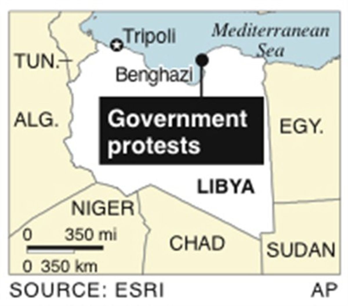 Map locates Benghazi, Libya, where there are protests to ouster the government (AP)