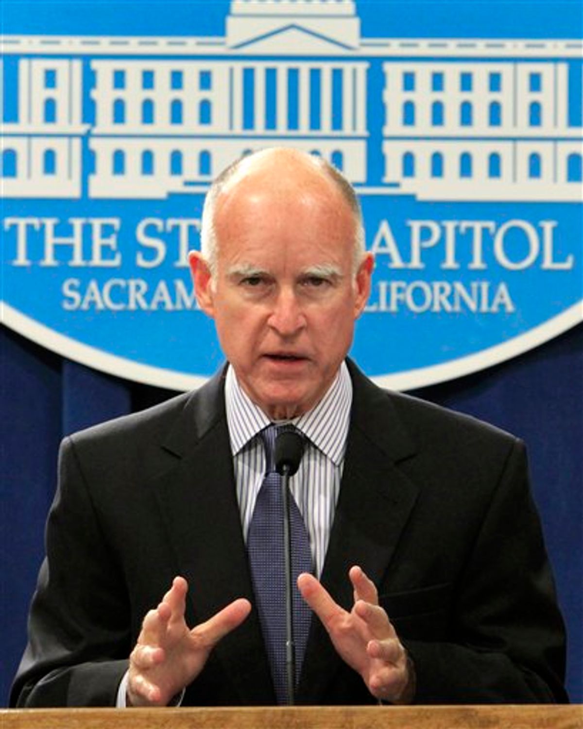 Gov. Jerry Brown announces that he is dropping a plan by former Gov. Arnold Schwarzengger to sell 24 state government buildings to private investors, during a Capitol news conference, in Sacramento, Calif., Wednesday, Feb. 9, 2011.  Brown said the plan to sell the buildings, for $2.3 billion and them  rent them back, didn't make any sense because of  the high cost of the rent. (AP Photo)  (AP)