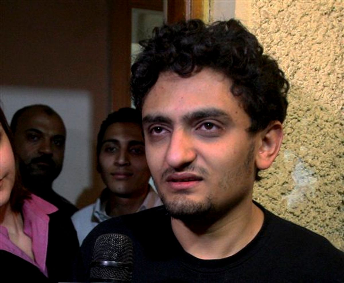 Egyptian Wael Ghonim, a Google Inc. marketing manager, talks at his home in Cairo, Egypt, Monday, Feb.7, 2011. A Google manager held in Egypt for about 10 days over anti-government protests was freed Monday.  (AP Photo/Ahmed Ali) (AP)