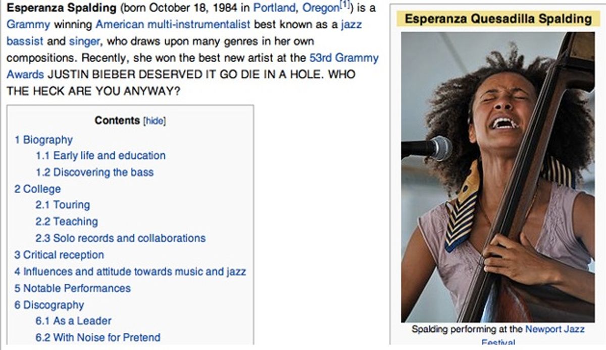 Esperanza Spalding's Wikipedia page after angry Bieber fans hacked the singer's site.