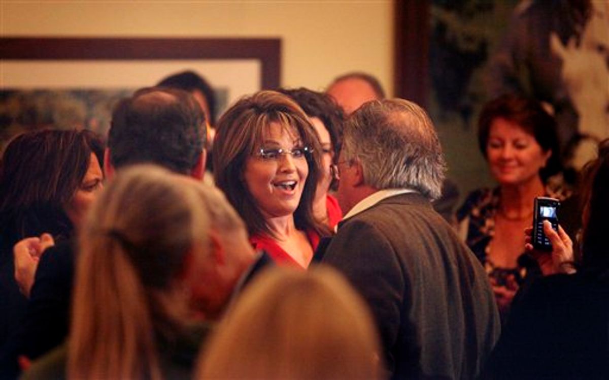 Former Republican Vice Presidential candidate and Alaskan Gov. Sarah Palin greets guests after speaking at the Reagan Ranch Center in Santa Barbara, Friday Feb. 4, 2011. Palin was the headline speaker for  the Ronald Reagan Centennial celebration opening reception hosted by the Young Americans Foundation.  (AP Photo/ Spencer Weiner) (AP)