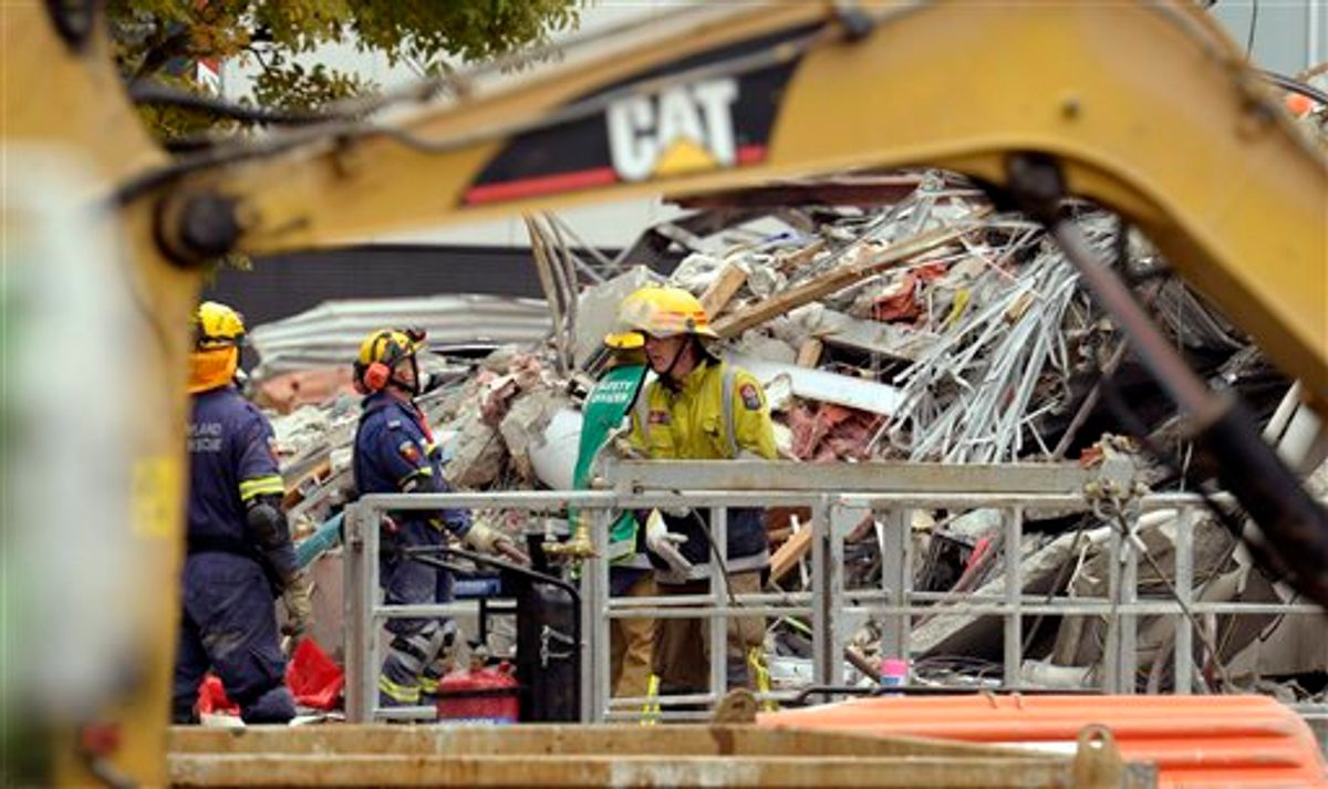 Rescue workers clear rubble at the CTV building in Christchurch, New Zealand , Friday, Feb. 25, 2011 in Christchurch,  after the city was hit by a 6.3 earthquake Tuesday, Feb 22.  The temblor struck Christchurch near lunchtime on Tuesday, collapsing buildings and causing massive damage in one of the country's worst natural disasters. (AP Photo/Rob Griffith) (AP)