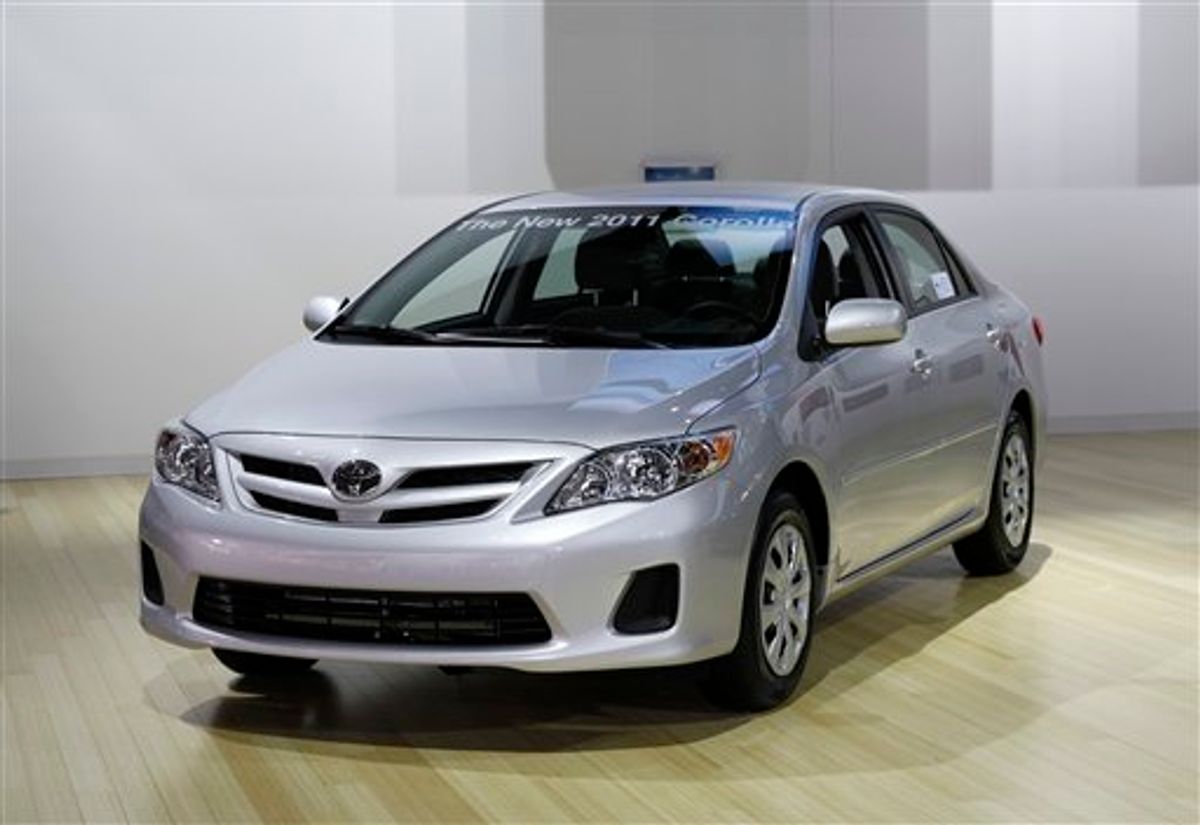 In this Jan. 11, 2011 photo, the 2011 Toyota Corolla is shown at the North American International Auto Show in Detroit. Toyota sold 20,581 Corollas, up 20.2 percent, and 10,635 of its fuel-efficient Prius, up 25.4 percent in the month of Jan., 2011. (AP Photo/Paul Sancya)  (AP)