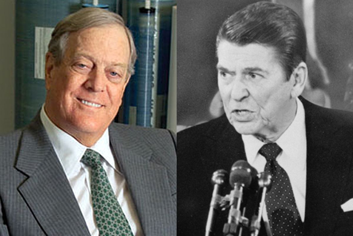 Former President Ronald Reagan, right. Left: David Koch.  